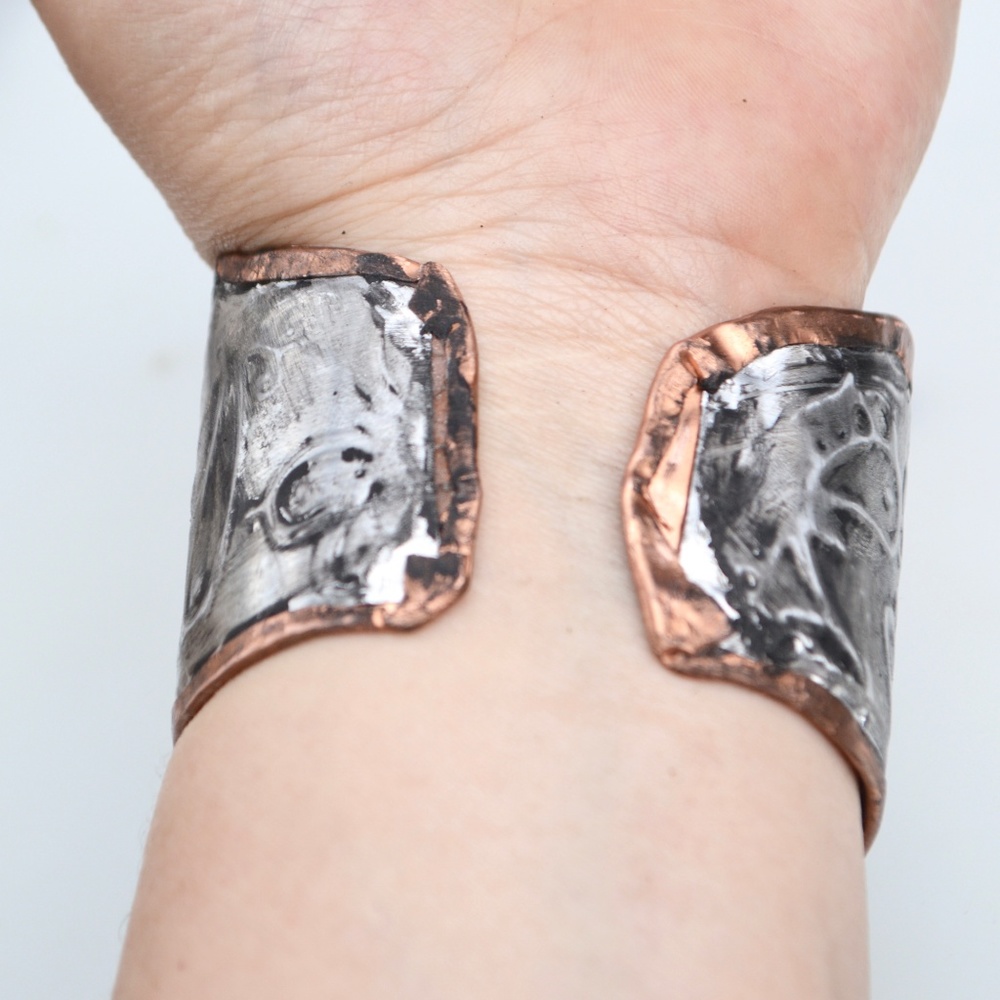 Butterfly Silver Pure Copper Wide Cuff Bracelet Handmade Embossed Rustic Boho - Picture 7 of 7